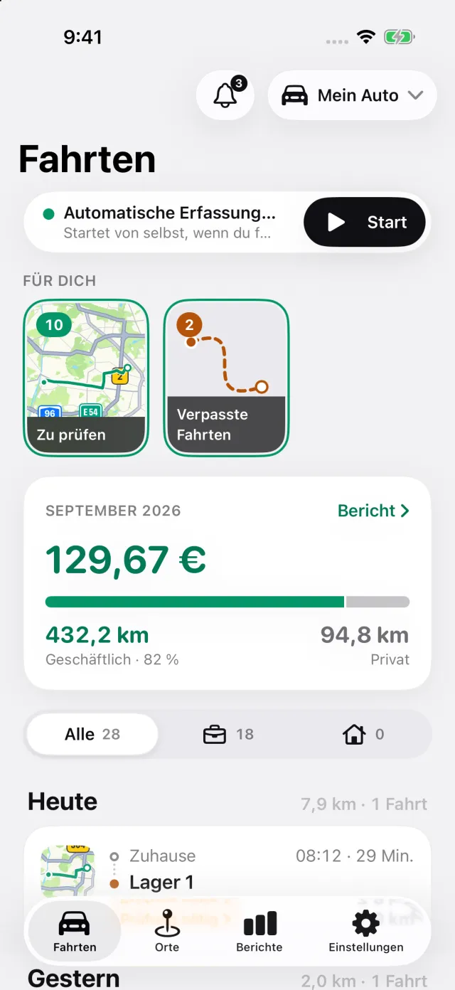 DriveHub-Bildschirm „Fahrten“: automatische Erfassung an, die Storys unter „Für dich“ und der absetzbare Betrag des Monats