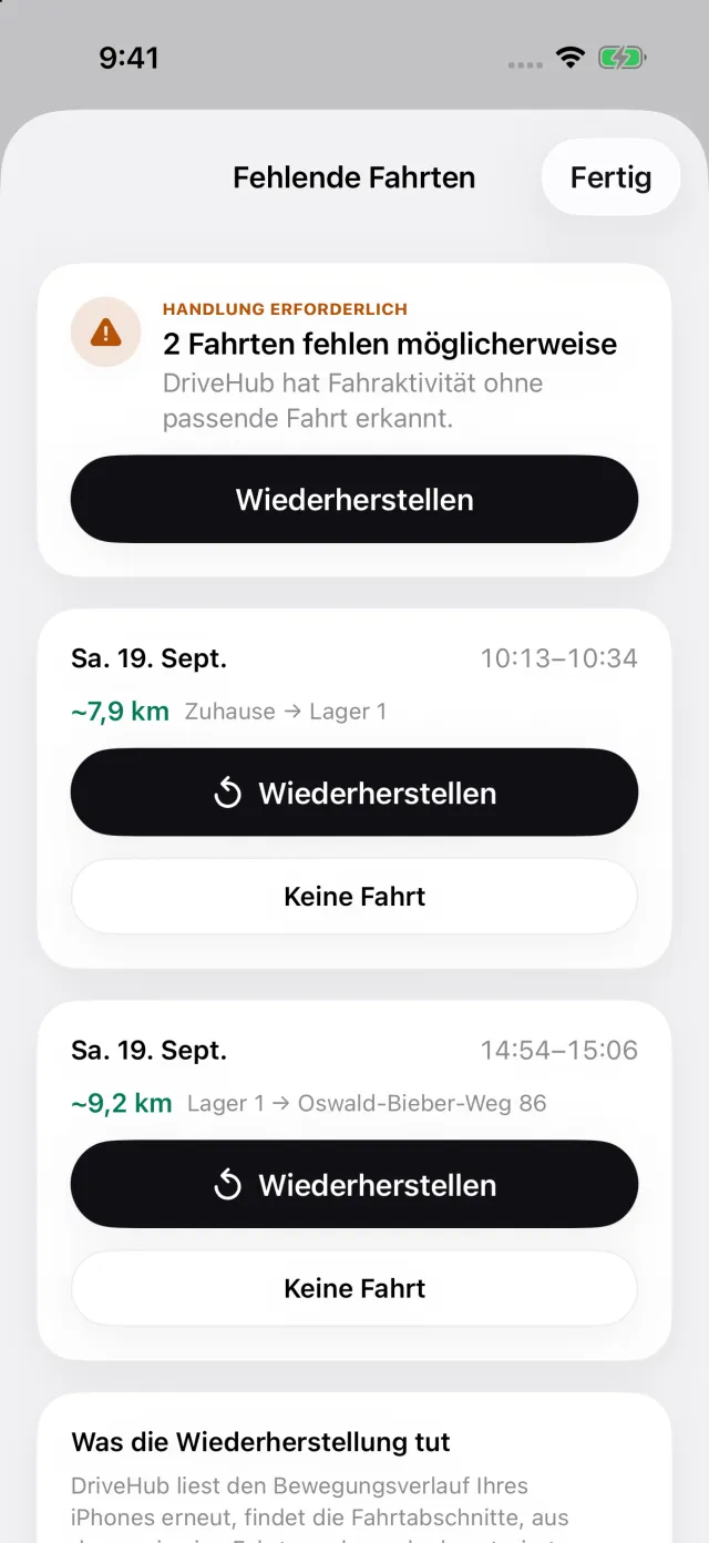 Story „Verpasste Fahrten“: eine Fahrt, die das iPhone ohne passenden Eintrag protokolliert hat, und „Wiederherstellen“