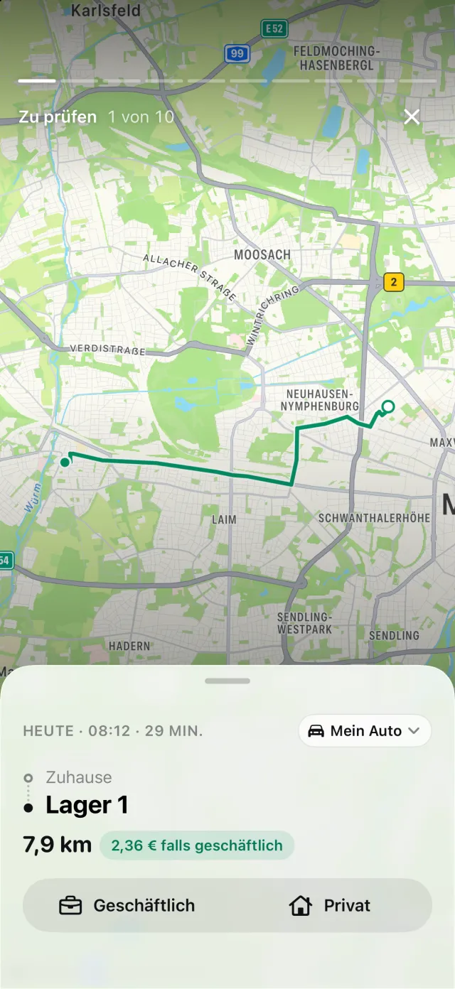 Story „Zu prüfen“: eine Fahrt mit Route, Strecke und ihrem Wert, falls geschäftlich