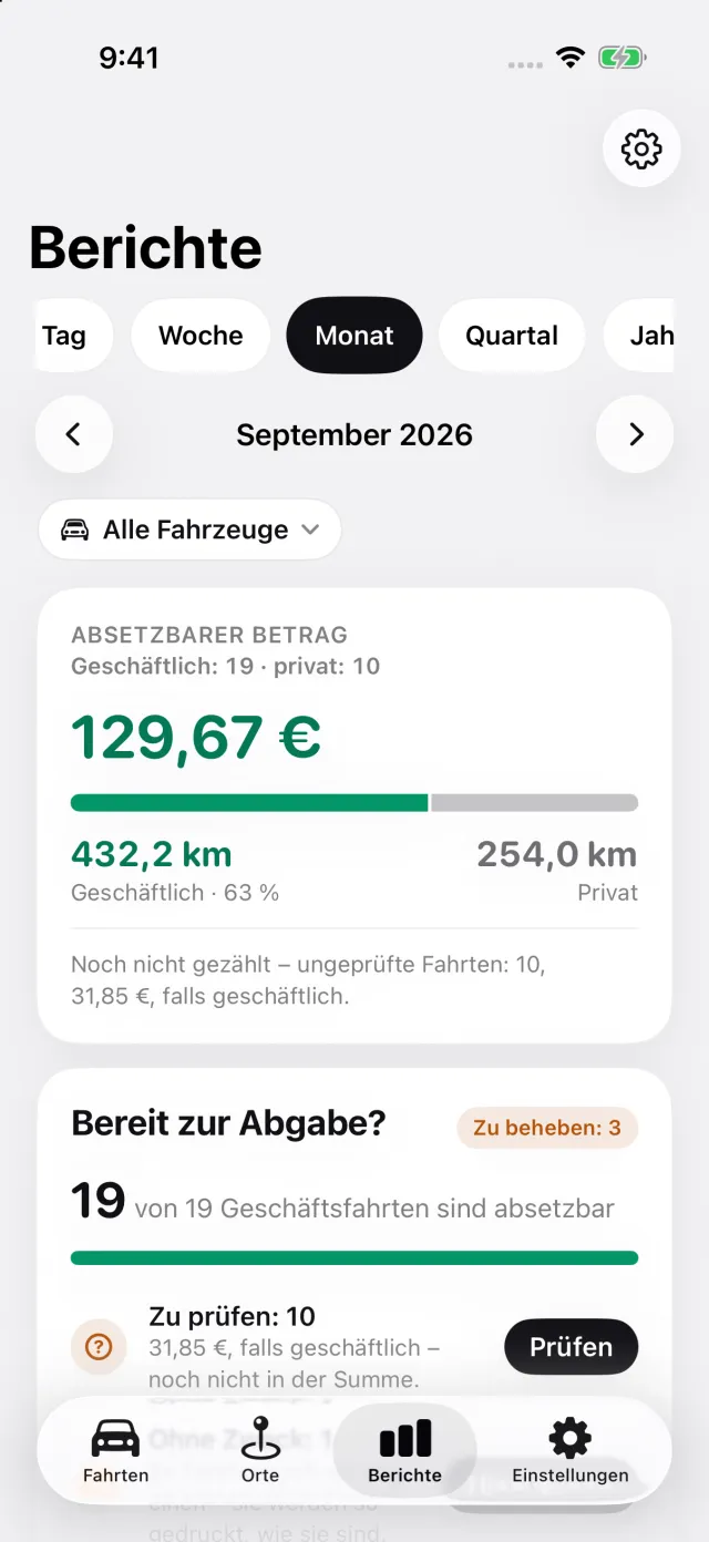 Bildschirm „Berichte“: absetzbarer Betrag des Monats, Aufteilung geschäftlich und privat, Export