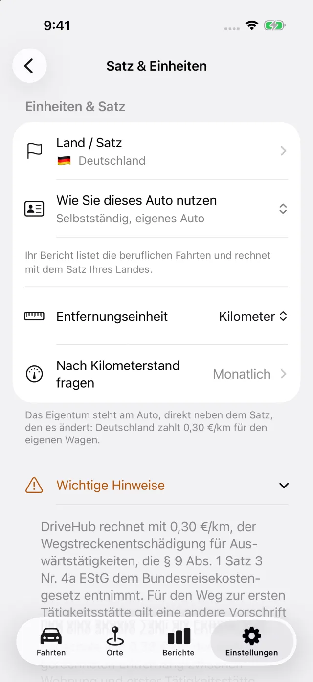 Der Satz-Bildschirm in DriveHub: der Wert des Landes mit der Regel dahinter
