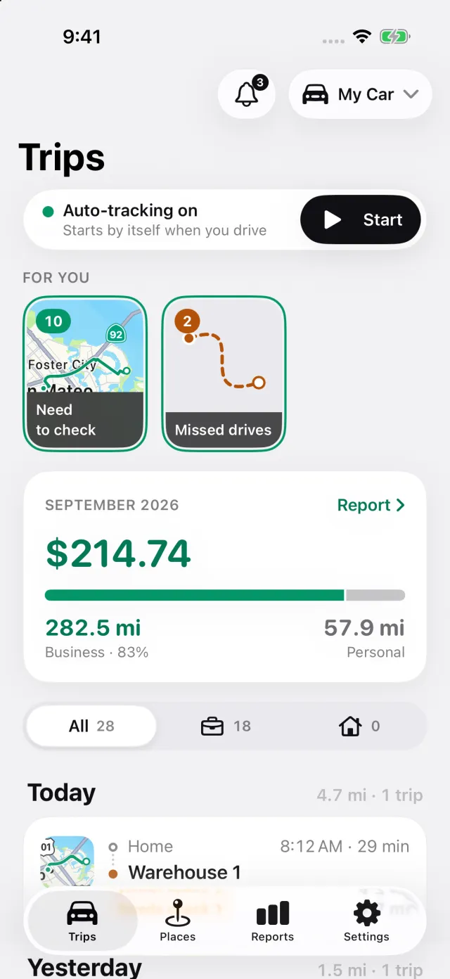 DriveHub Trips screen: auto-tracking on, the For you stories and the deductible amount for the month