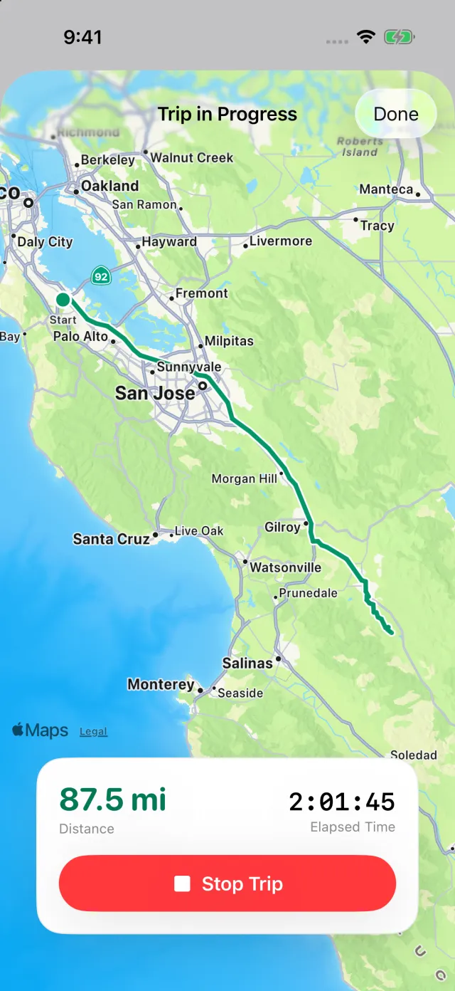 A trip in progress: the route on the map, the distance and the elapsed time