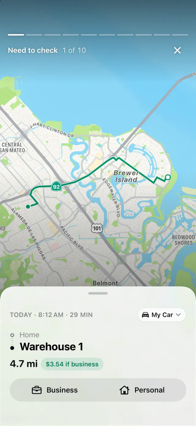 The Need to check story: one trip with its route, distance and what it is worth if business