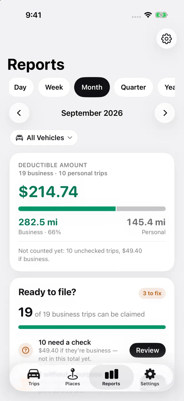 Reports screen: deductible amount for the month, business and personal split, export