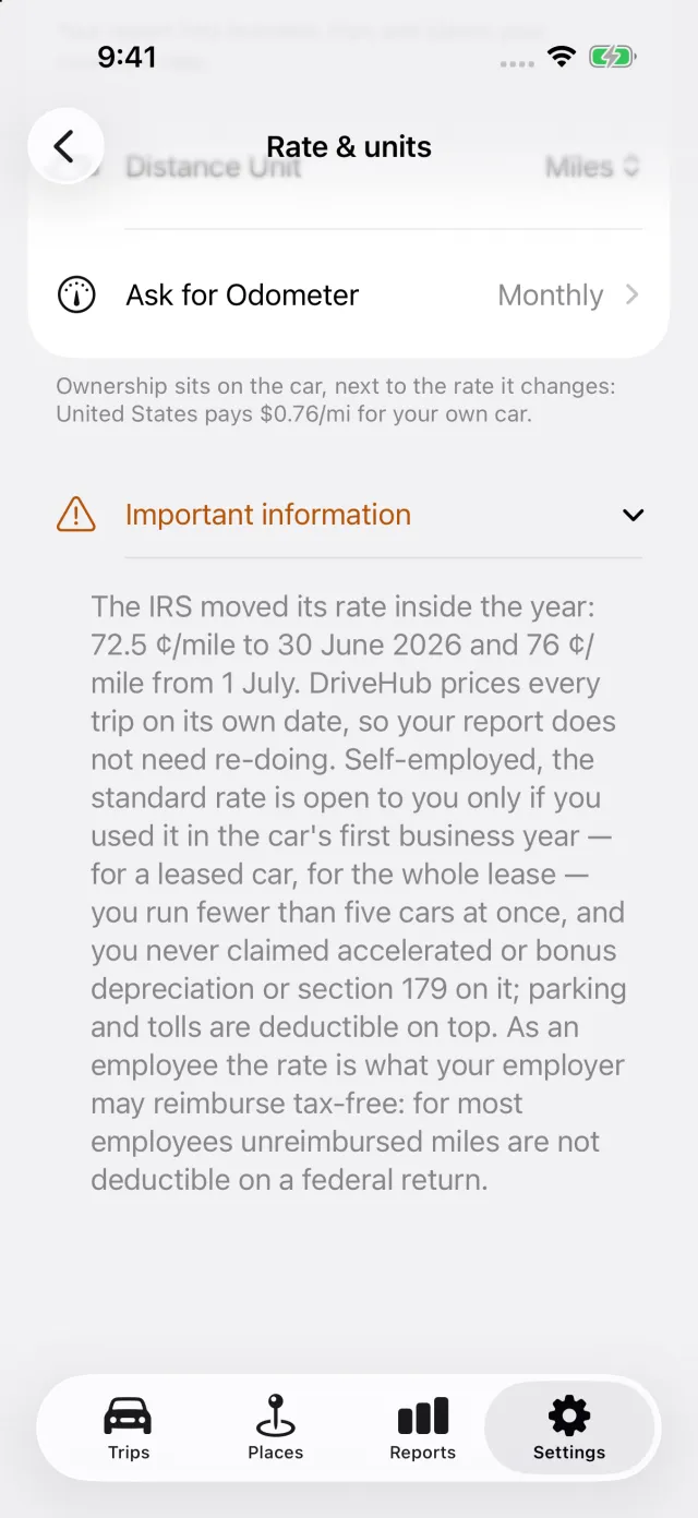 The rate screen in DriveHub: the country's figure with the rule behind it