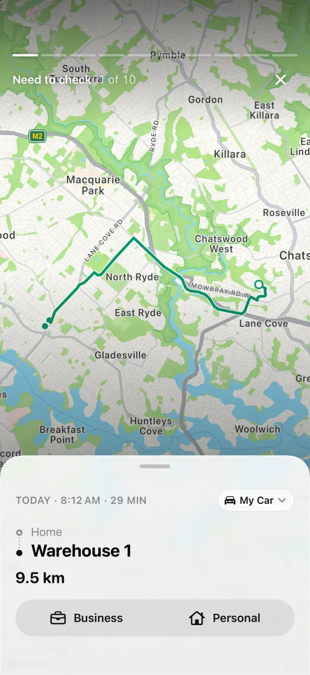 The Need to check story: one trip with its route, distance and what it is worth if business