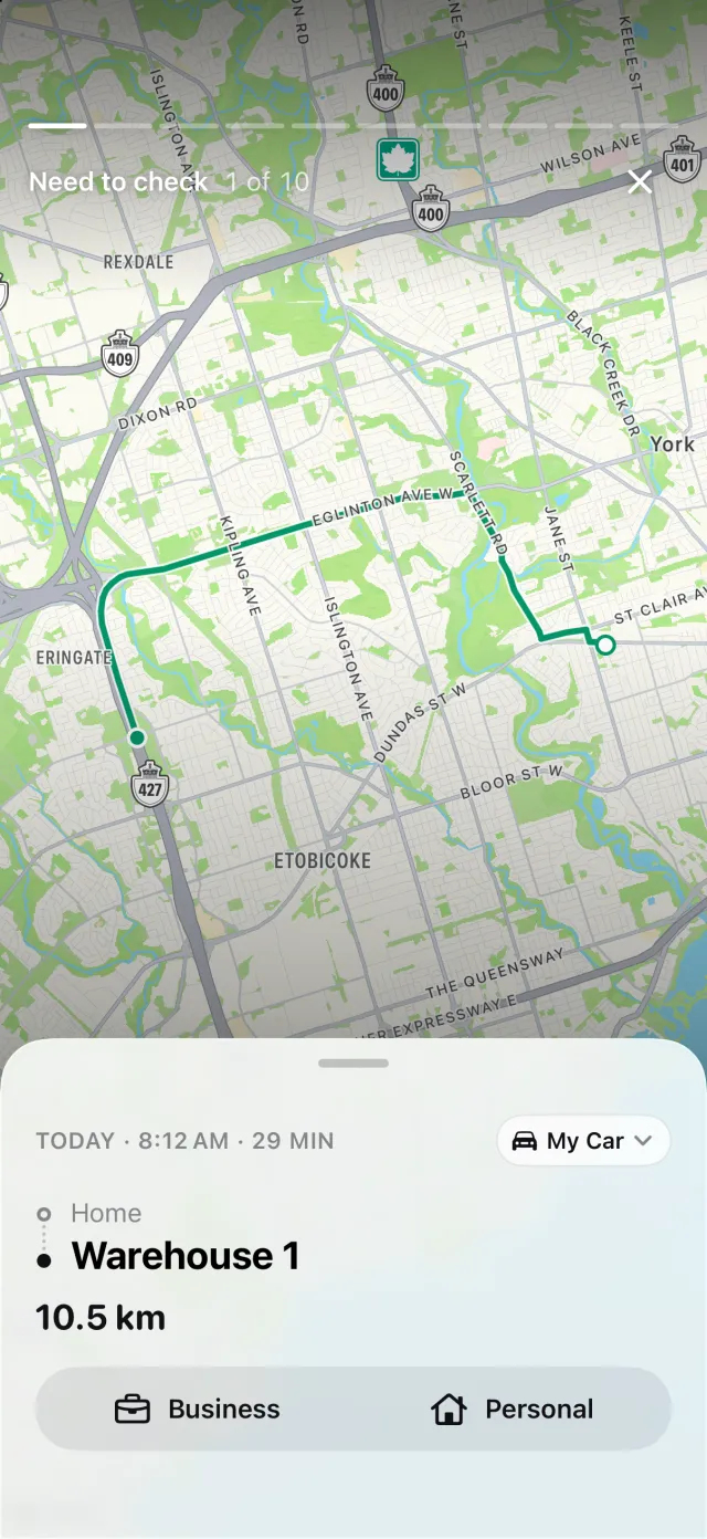 The Need to check story: one trip with its route, distance and what it is worth if business