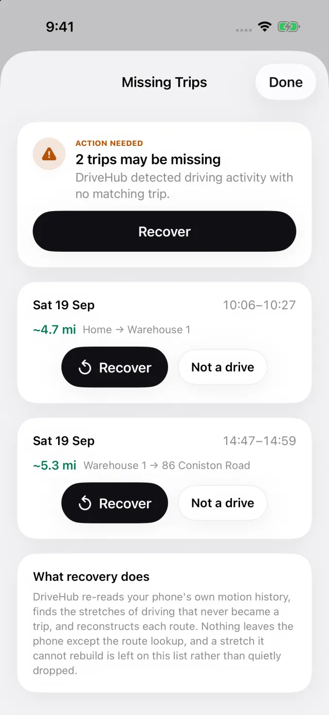 The Missing Trips list: two drives the iPhone logged with no matching trip, each with Recover and Not a drive