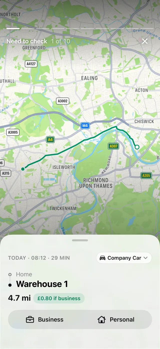 The Need to check story: one trip with its route, distance and what it is worth if business