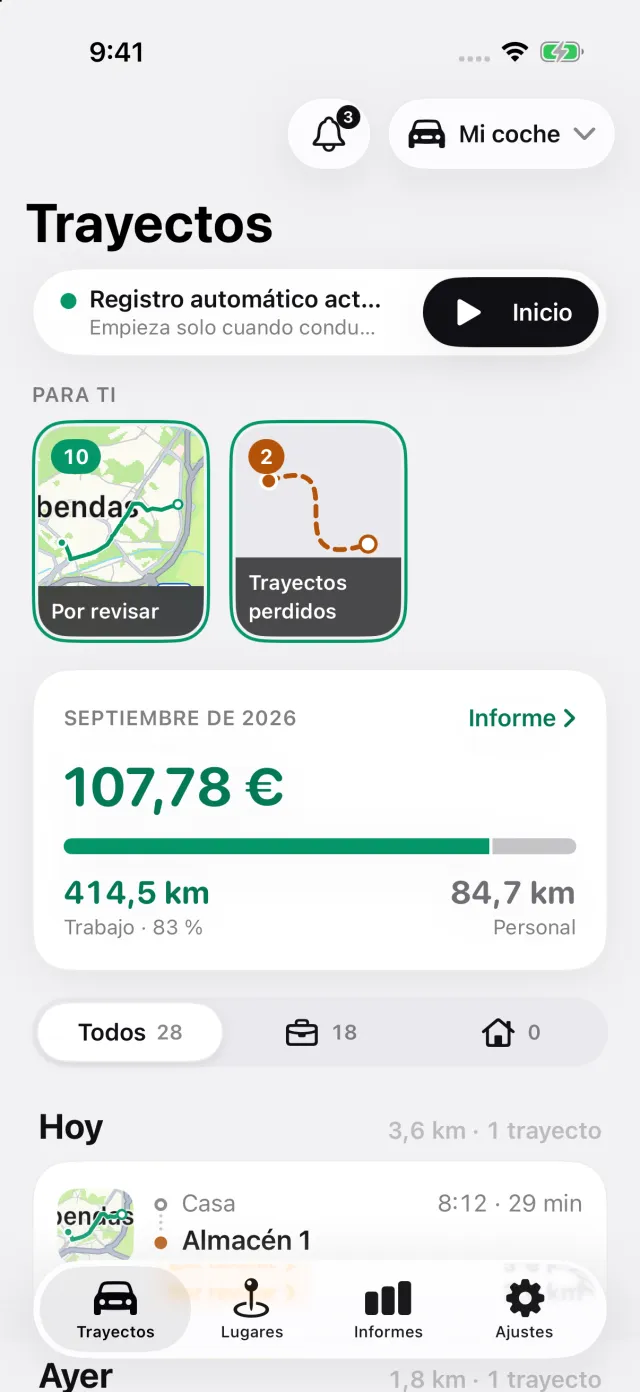 Pantalla Trayectos de DriveHub: registro automático activado, las historias de Para ti y el importe deducible del mes
