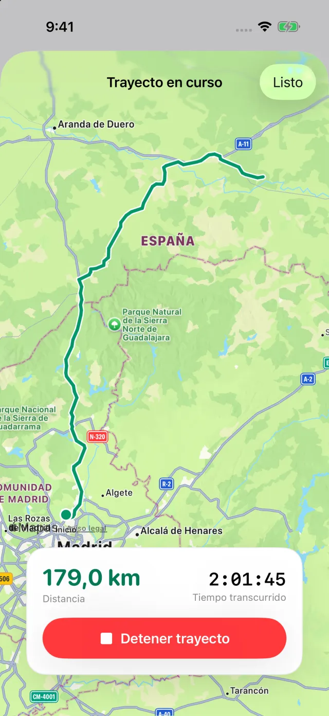 Un trayecto en curso: la ruta en el mapa, la distancia y el tiempo transcurrido