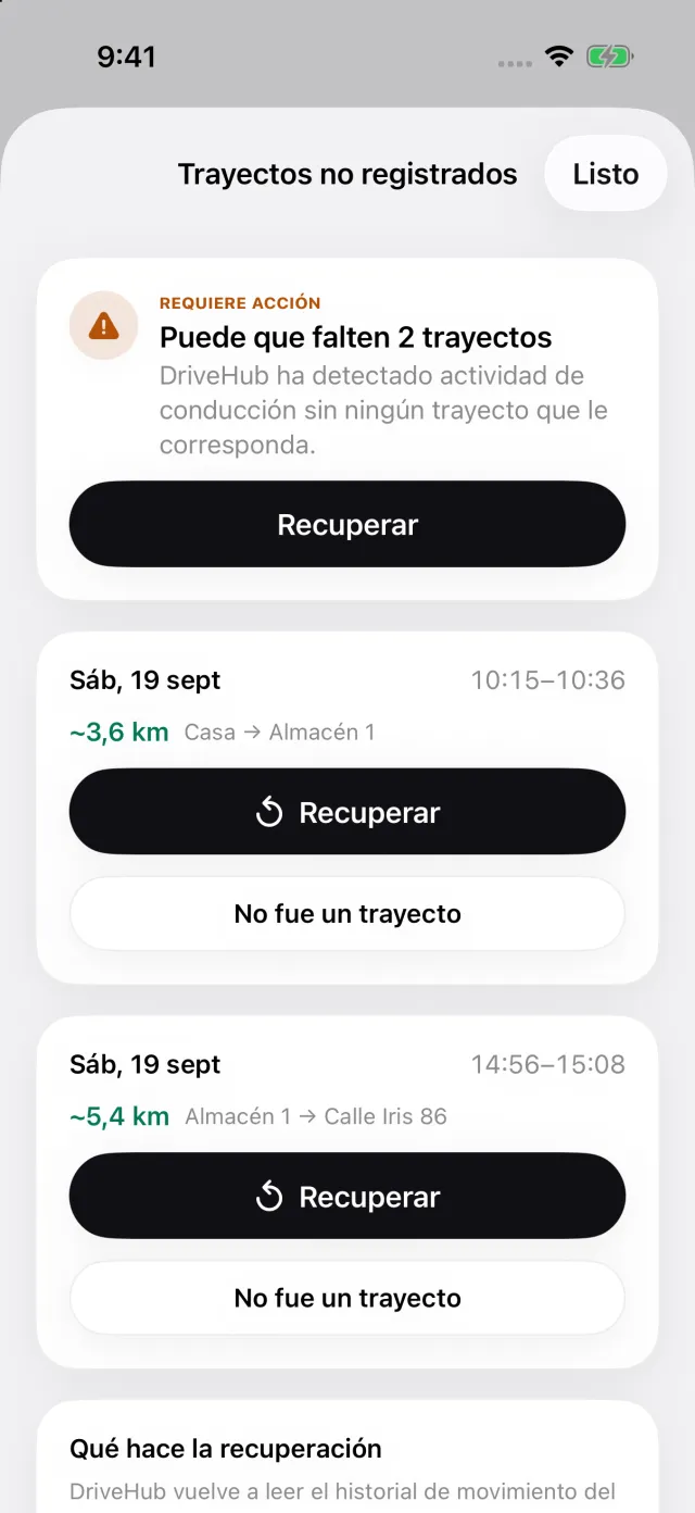 Una historia de Trayectos perdidos: conducción que el iPhone registró sin trayecto correspondiente, y Recuperar