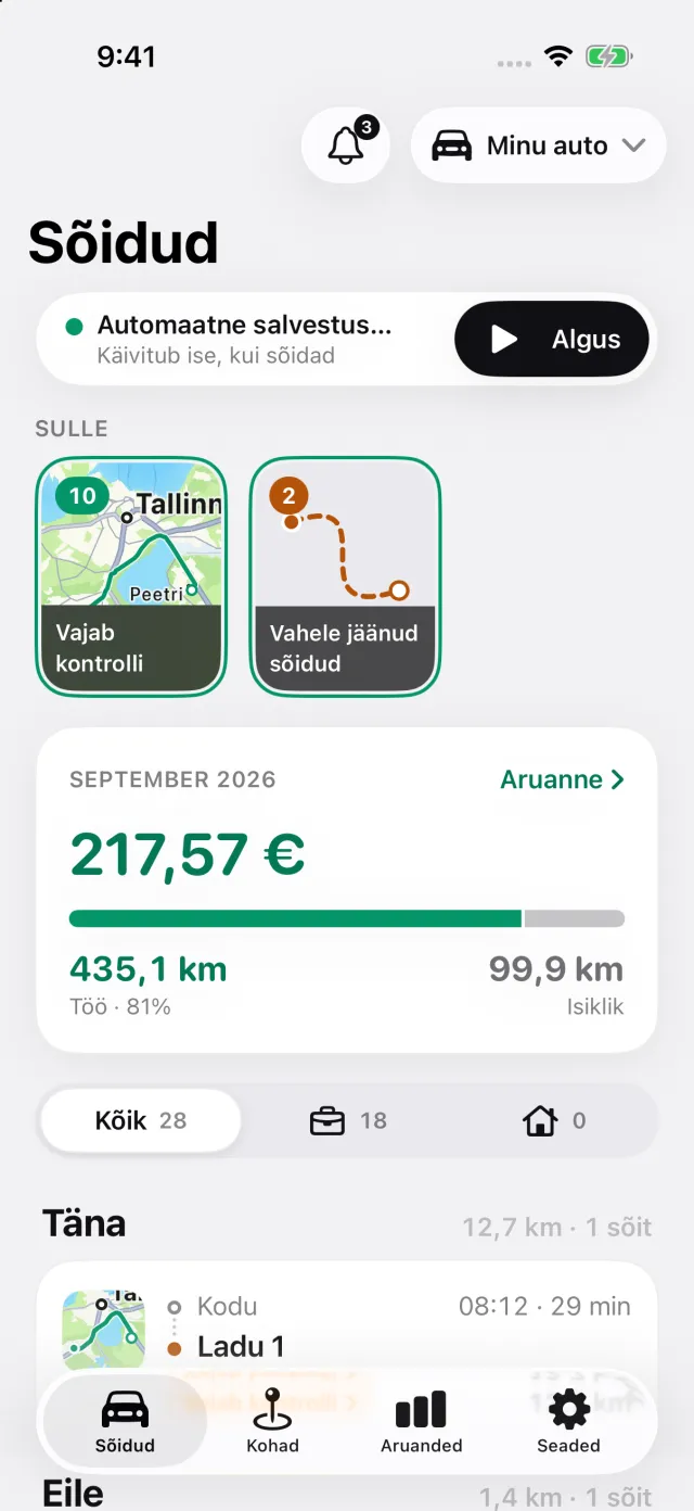 DriveHubi sõitude ekraan: automaatne salvestus on sees, lood jaotises Sulle ja kuu mahaarvatav summa
