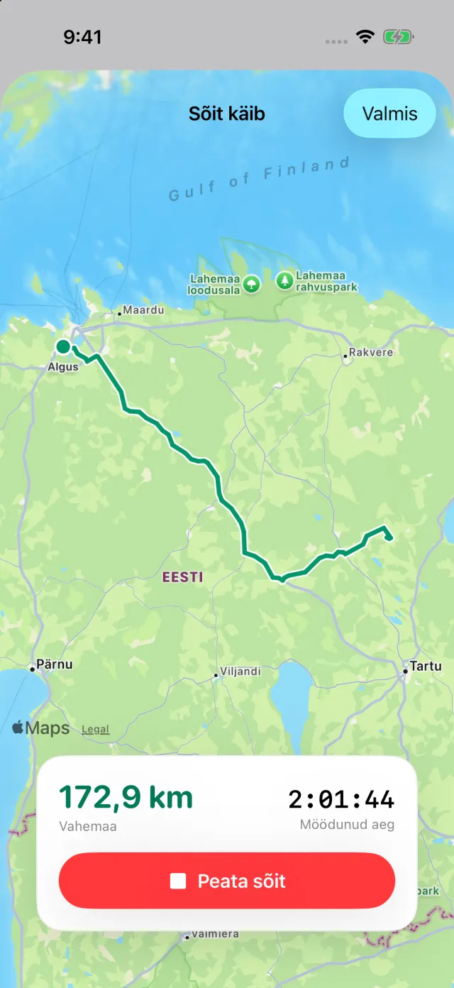 Pooleli sõit: marsruut kaardil, läbitud vahemaa ja kulunud aeg