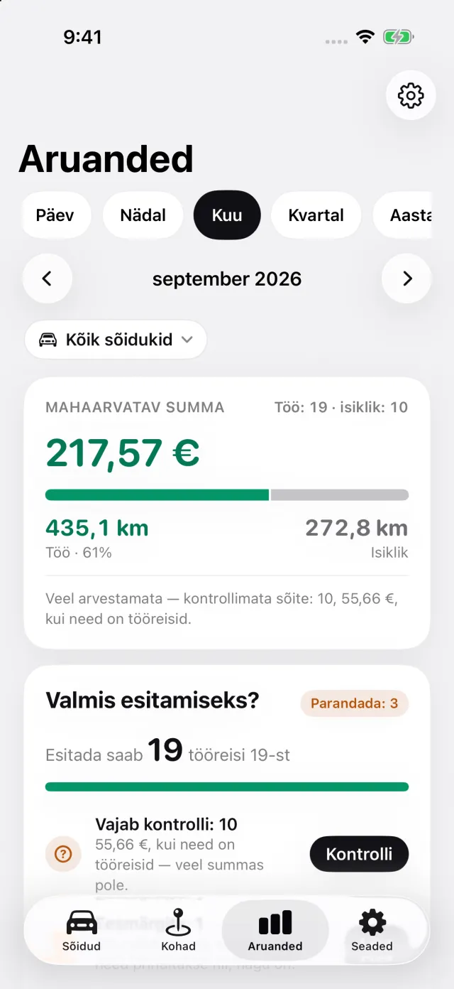 Aruannete ekraan: kuu mahaarvatav summa, töö- ja isiklike sõitude jaotus, eksport