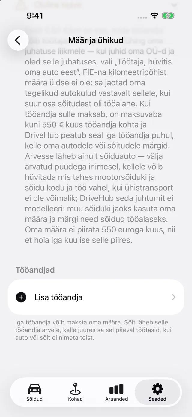 DriveHubi määra ekraan: riigi määr koos selle taga oleva reegliga