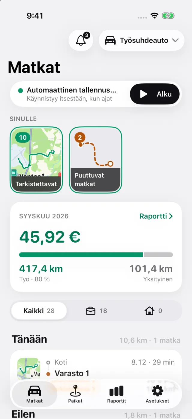 DriveHubin Matkat-näkymä: automaattinen tallennus päällä, Sinulle-tarinat ja kuukauden vähennyskelpoinen summa