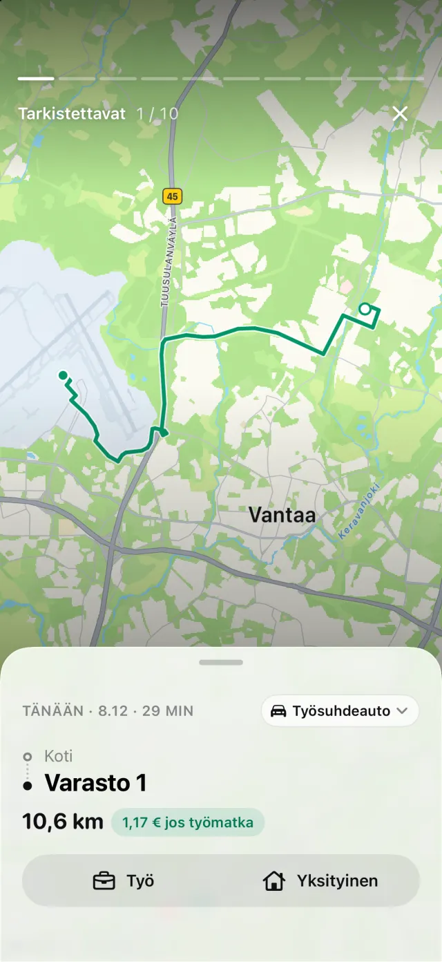 Tarkistettavat-tarina: yksi matka reitteineen, matkan pituus ja arvo työajona
