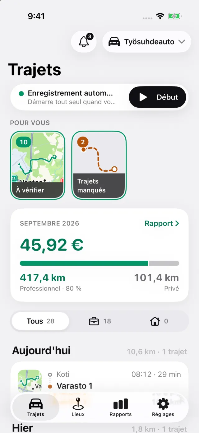 Écran Trajets de DriveHub : enregistrement automatique activé, les stories Pour vous et le montant déductible du mois