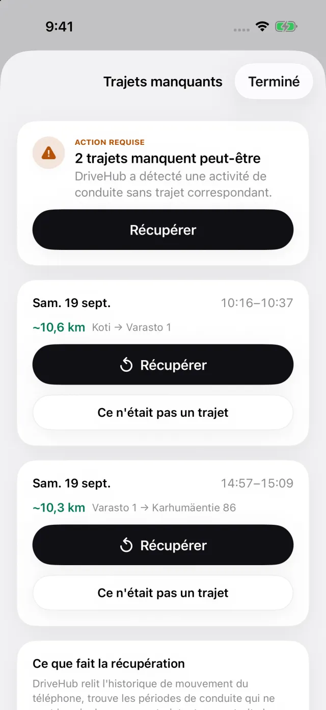 Une story Trajets manqués : une conduite enregistrée par l’iPhone sans trajet correspondant, et Récupérer
