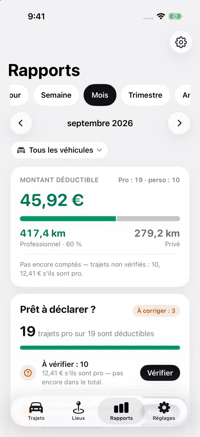 Écran Rapports : montant déductible du mois, répartition professionnel/personnel, export