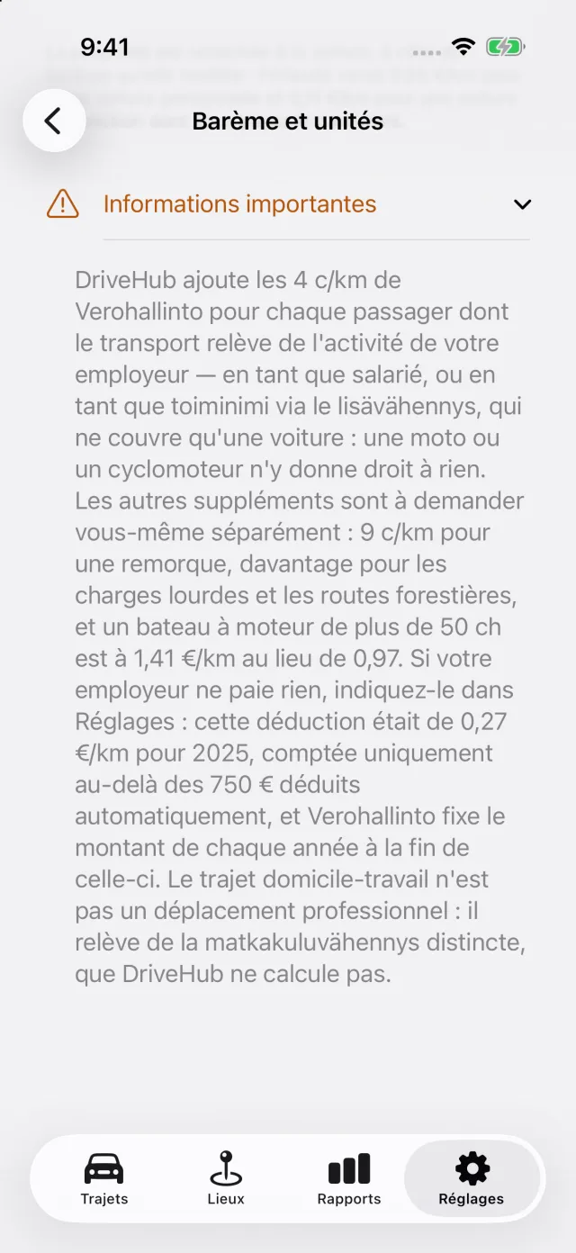 L’écran du barème dans DriveHub : le chiffre du pays et la règle qui le sous-tend