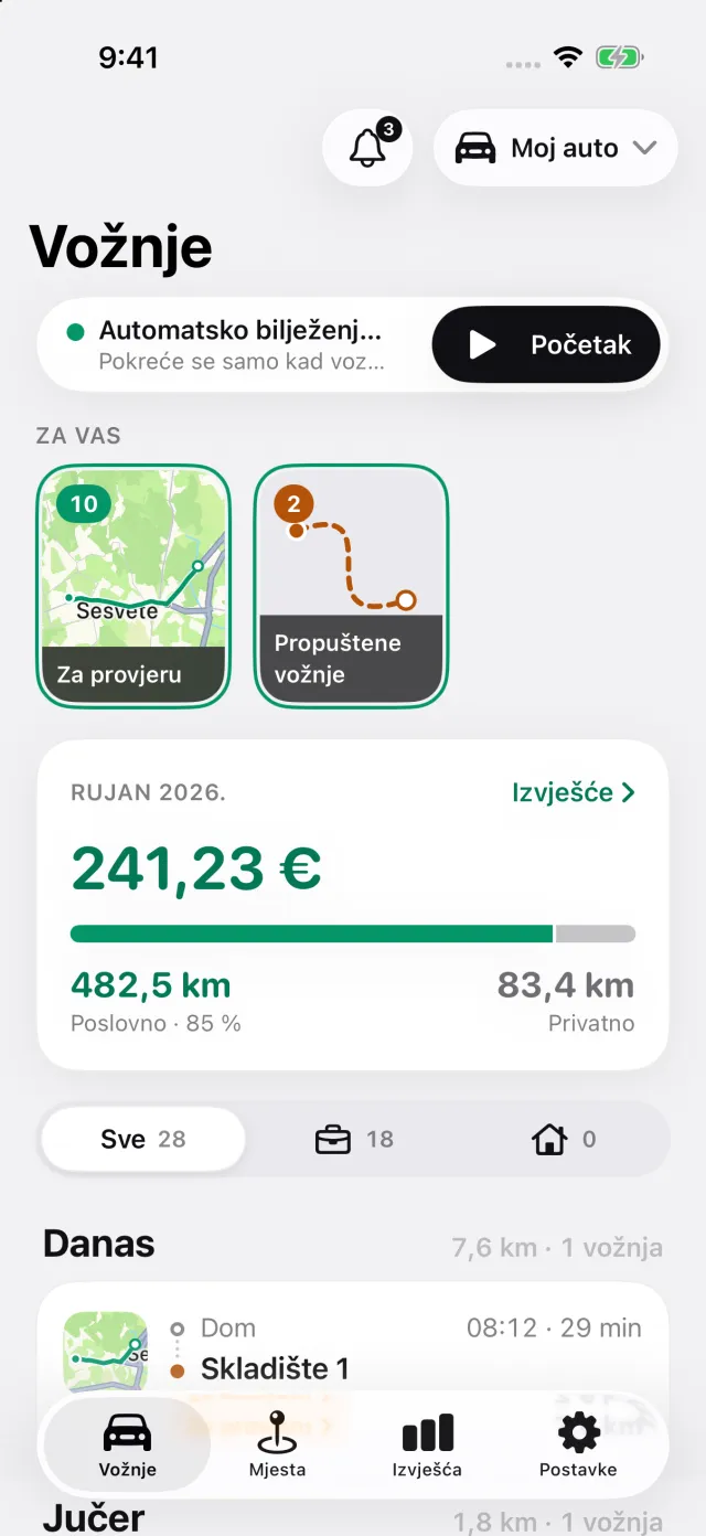 Zaslon Vožnje u DriveHubu: automatsko praćenje uključeno, priče Za vas i odbitni iznos za ovaj mjesec
