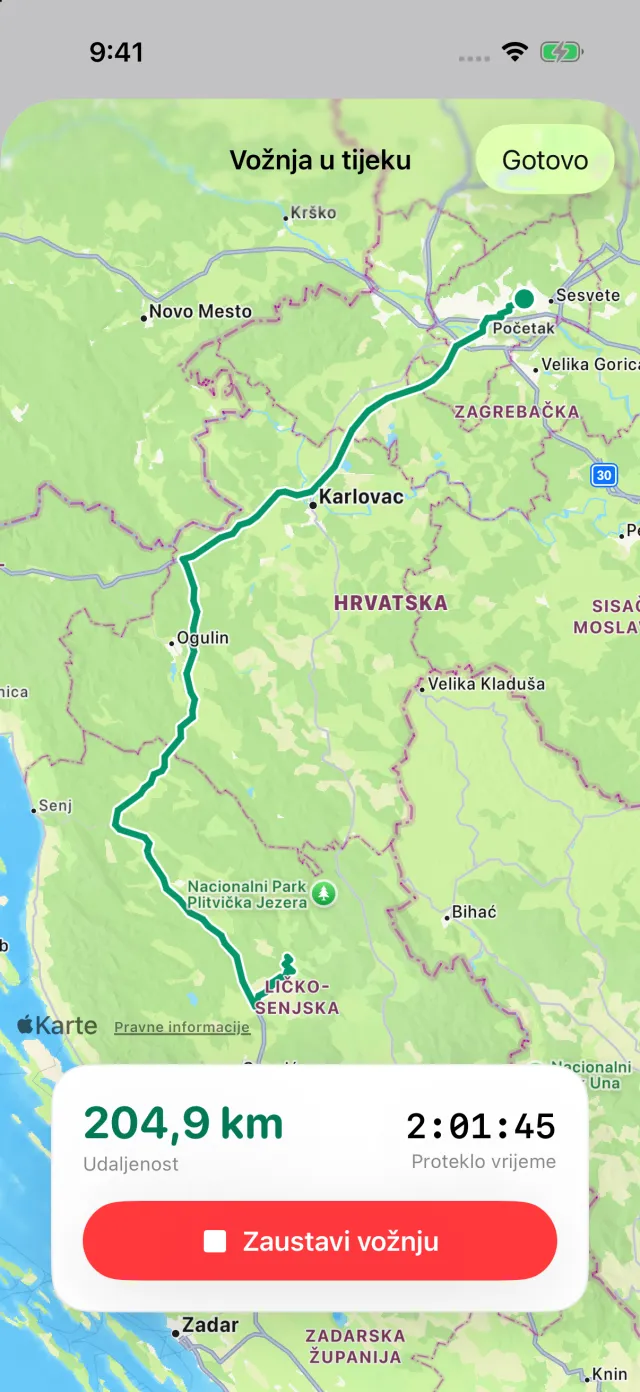Vožnja u tijeku: ruta na karti, udaljenost i proteklo vrijeme