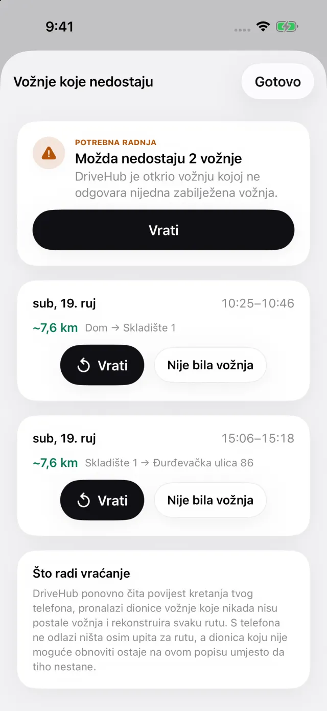 Priča Propuštene vožnje: vožnja koju je iPhone zabilježio, a za koju nema zapisa, i gumb Vrati