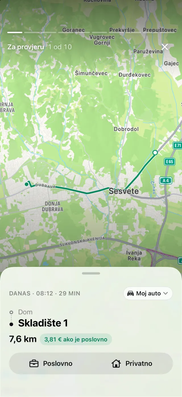 Priča Za provjeru: jedna vožnja s rutom, udaljenošću i iznosom koji vrijedi ako je poslovna