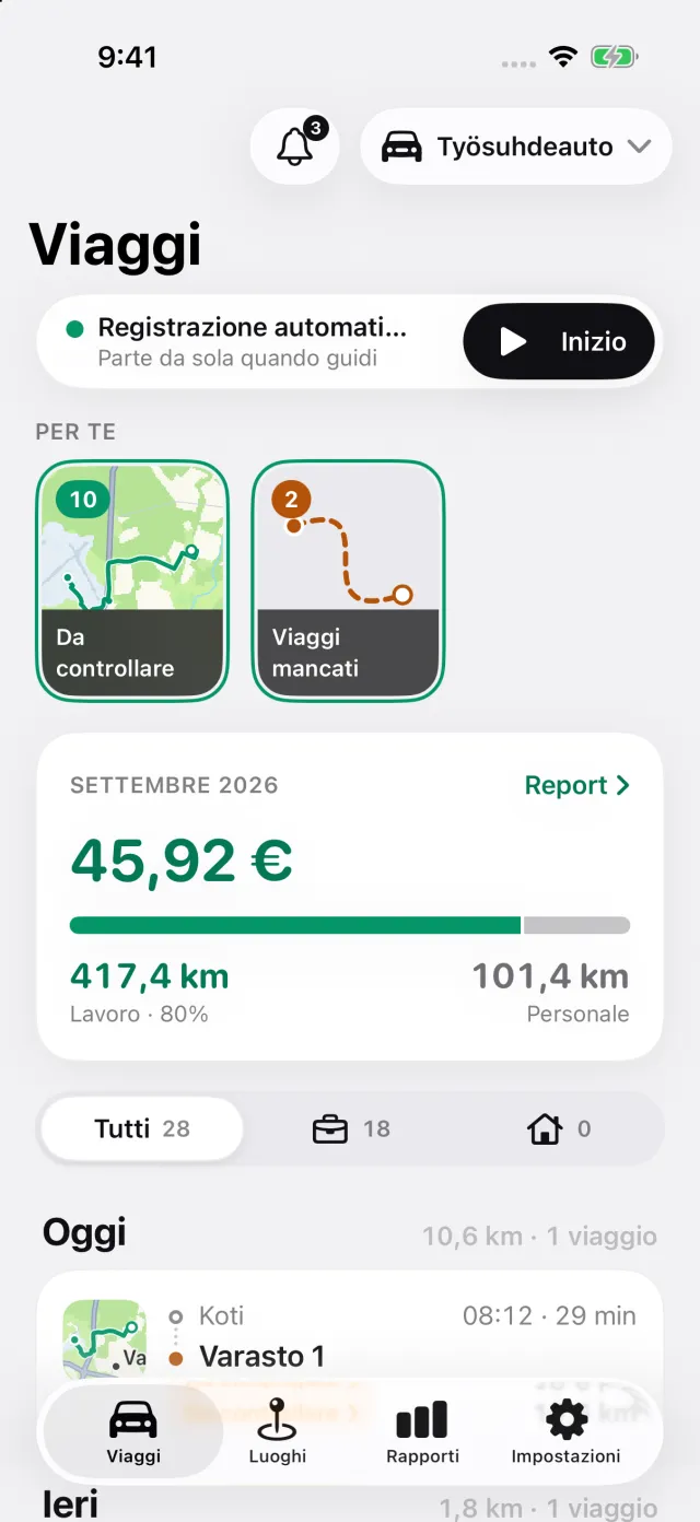 La schermata Viaggi di DriveHub: registrazione automatica attiva, le storie Per te e l’importo deducibile del mese
