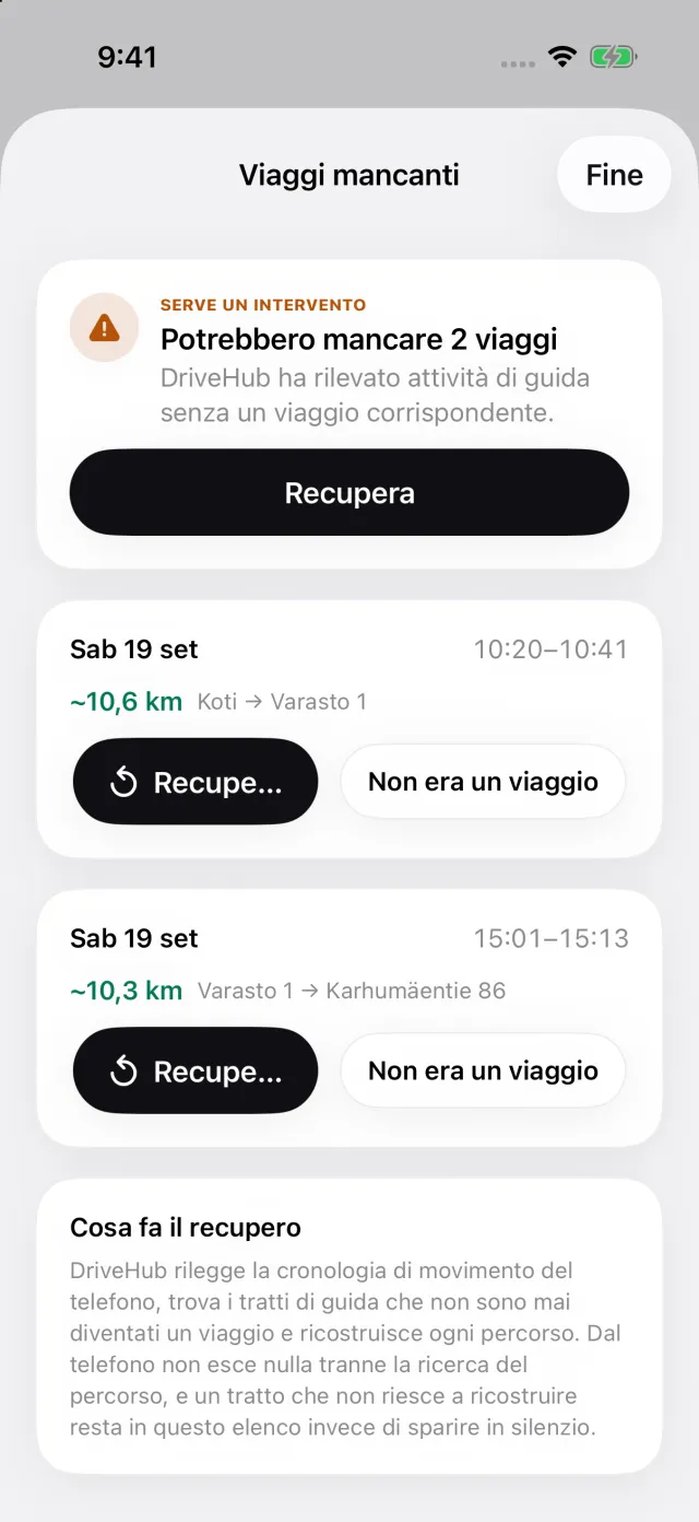 Una storia Viaggi mancati: un tragitto rilevato dall’iPhone senza un viaggio corrispondente, e Recupera