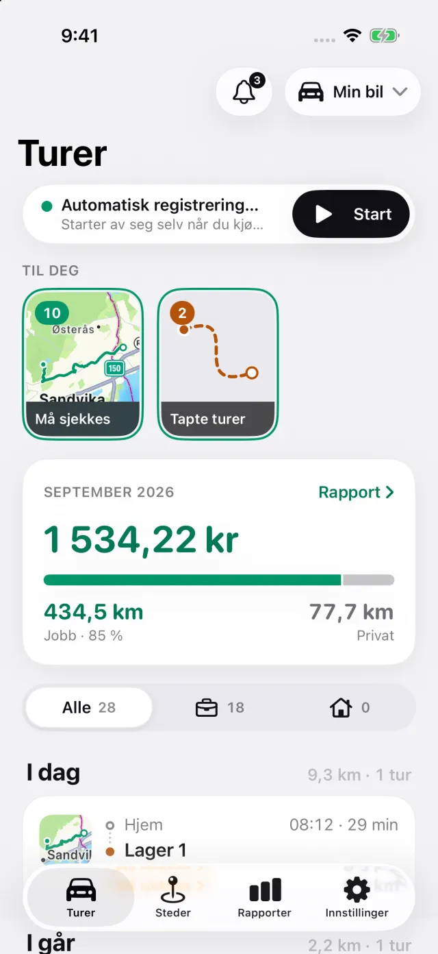 Turer-skjermen i DriveHub: automatisk registrering på, historiene under Til deg og fradragsbeløpet for måneden