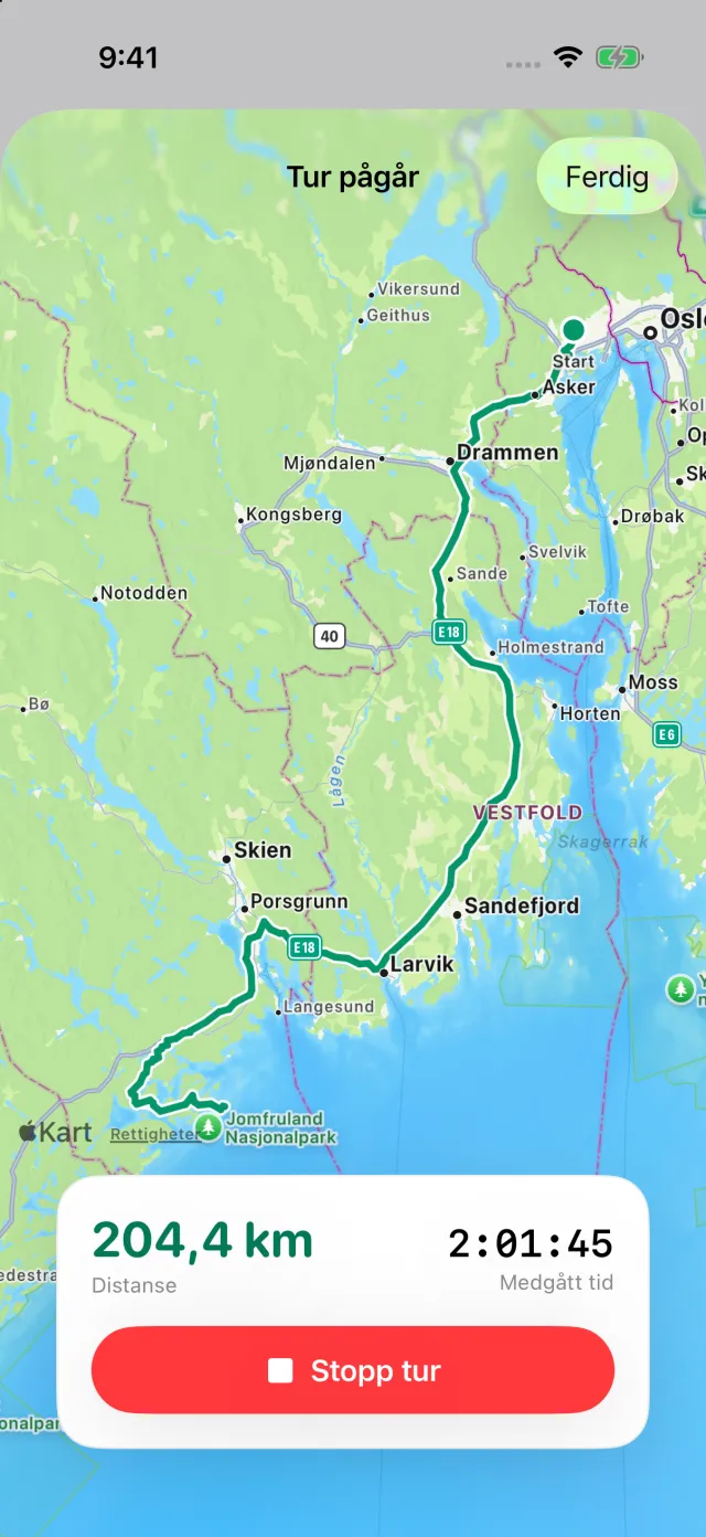 En tur underveis: ruten på kartet, distansen og tiden som har gått