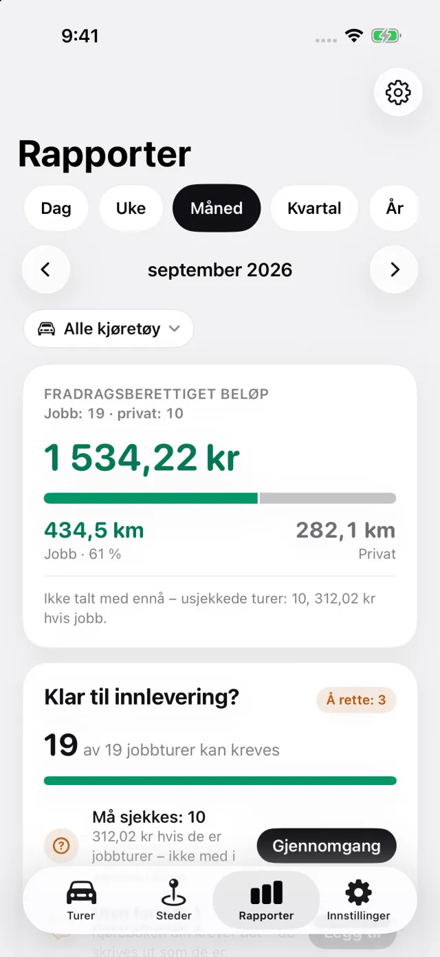 Rapporter-skjermen: fradragsbeløpet for måneden, fordelingen mellom jobb og privat, eksport