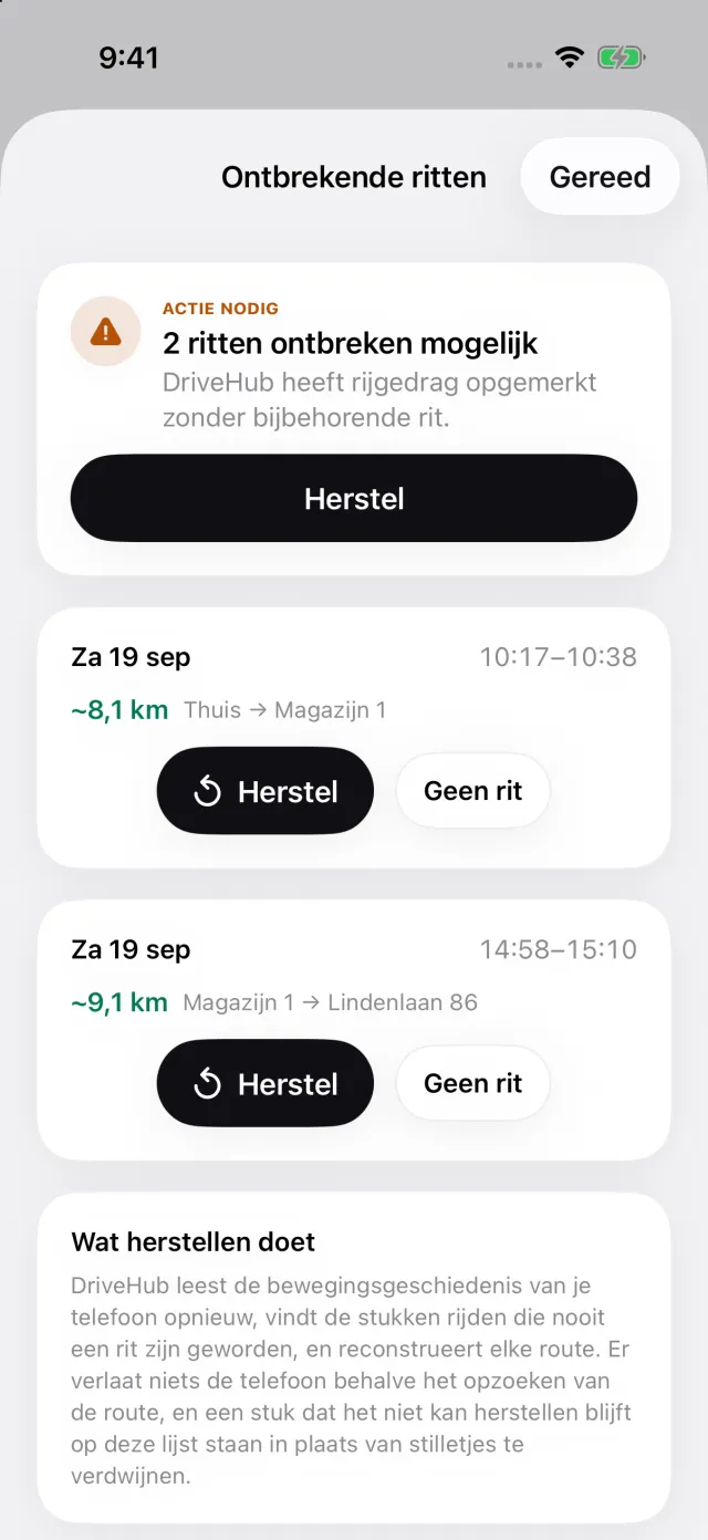 Een verhaal Gemiste ritten: autorijden dat de iPhone vastlegde zonder bijbehorende rit, en Herstel