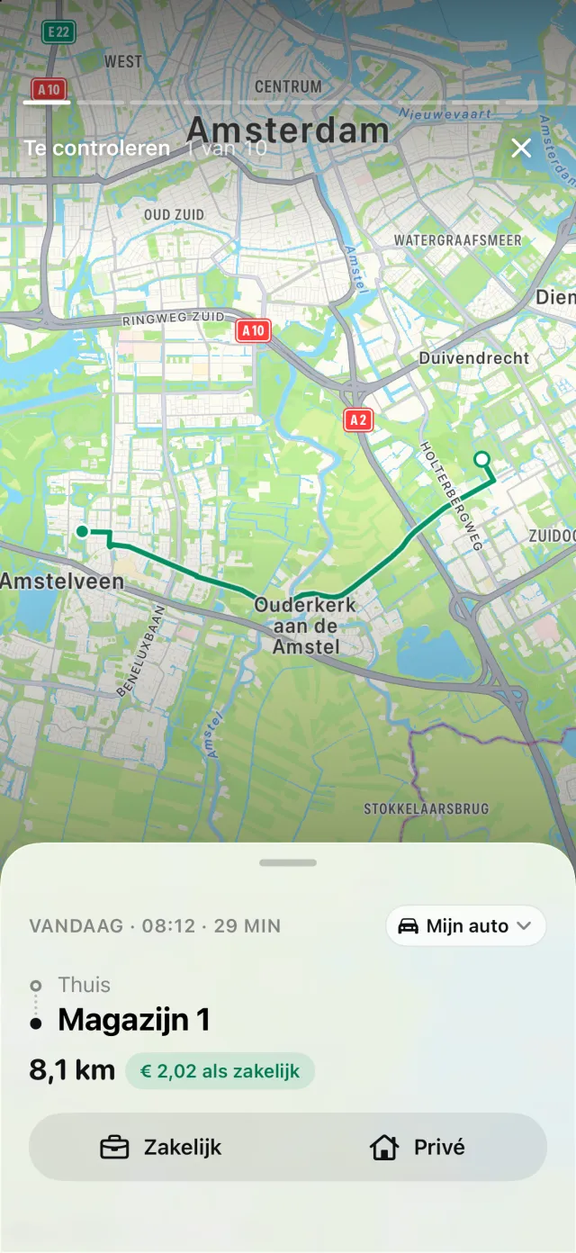 Het verhaal Te controleren: één rit met route, afstand en wat hij waard is als hij zakelijk is