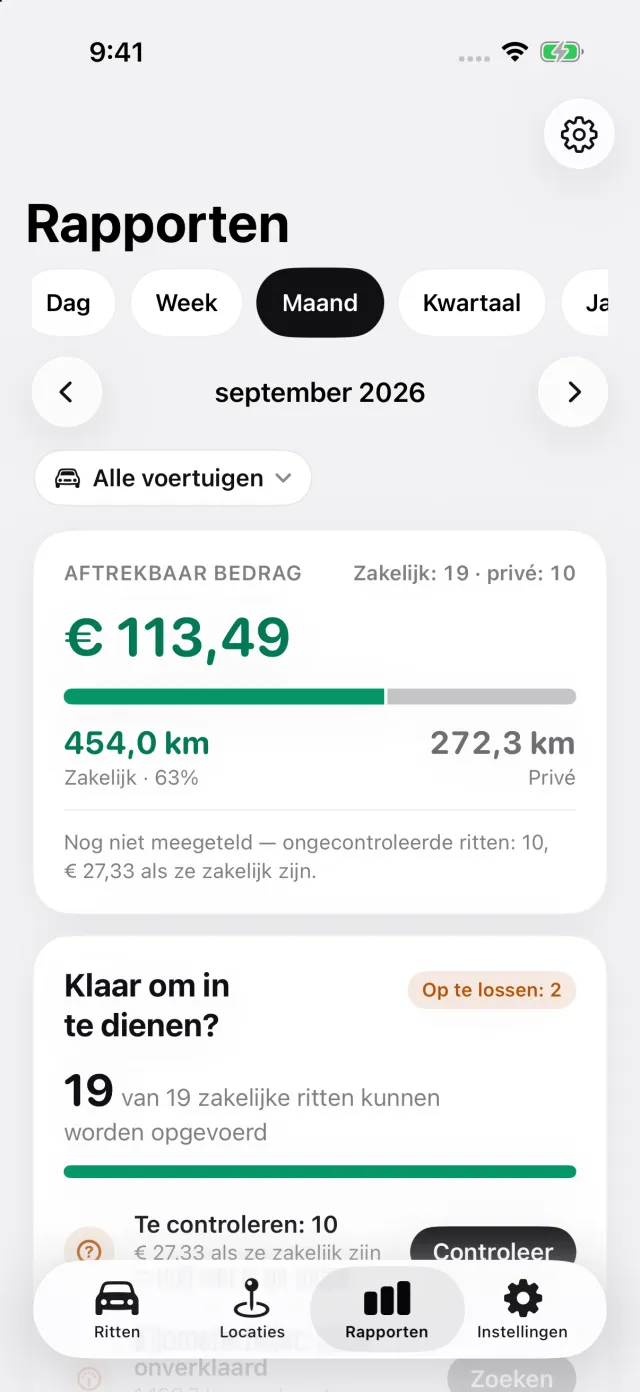 Het scherm Rapporten: aftrekbaar bedrag van de maand, verdeling zakelijk en privé, exporteren