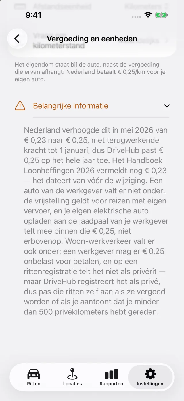 Het vergoedingsscherm in DriveHub: het bedrag van het land met de regel erachter