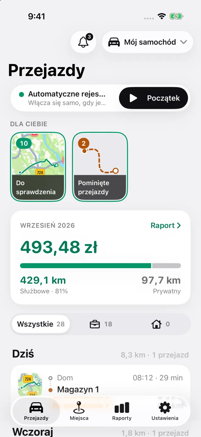 Ekran Przejazdy w DriveHub: automatyczne rejestrowanie włączone, relacje Dla ciebie i kwota do odliczenia za miesiąc