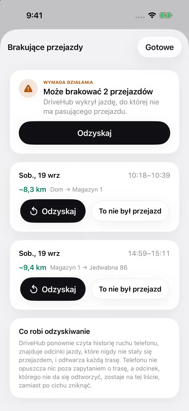 Relacja Pominięte przejazdy: jazda odnotowana przez iPhone’a bez pasującego przejazdu i przycisk Odzyskaj