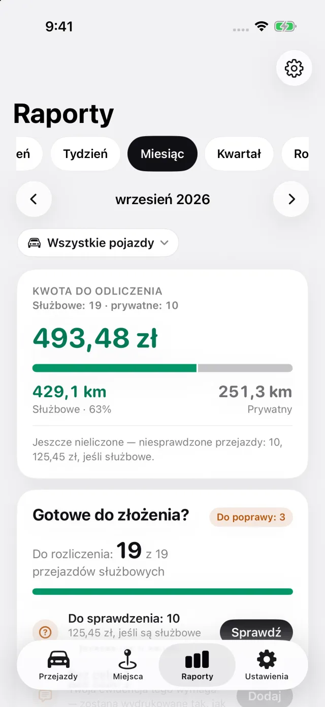 Ekran Raporty: kwota do odliczenia za miesiąc, podział na służbowe i prywatne, eksport