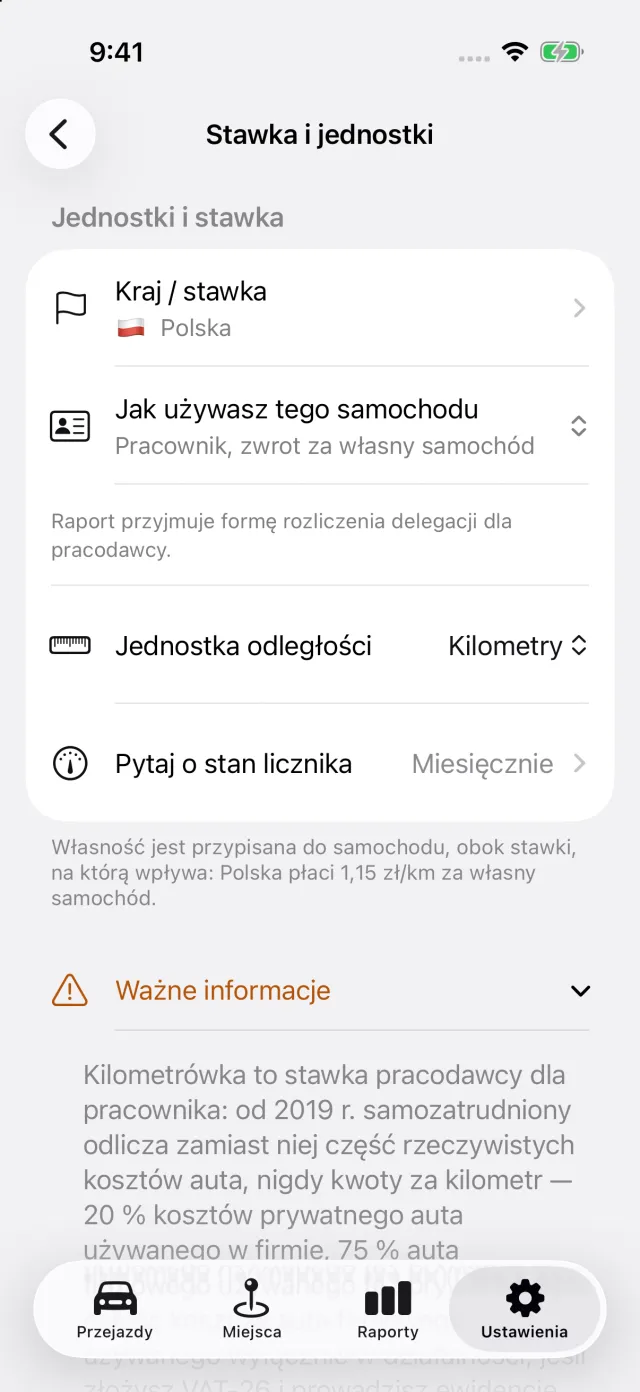 Ekran stawki w DriveHub: kwota obowiązująca w danym kraju wraz z regułą, która za nią stoi