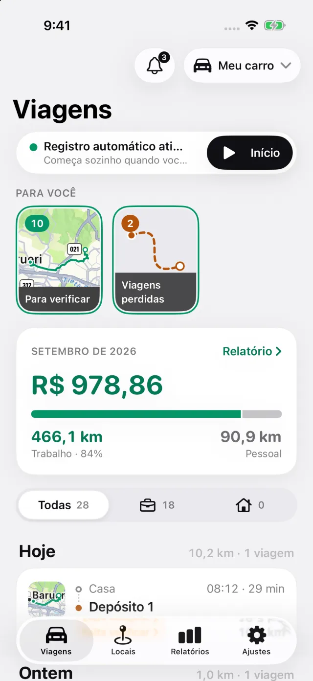 Tela Viagens do DriveHub: registro automático ativado, os stories Para você e o valor dedutível do mês