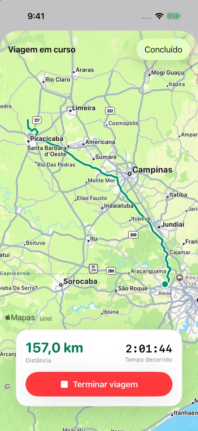 Uma viagem em andamento: o trajeto no mapa, a distância e o tempo decorrido