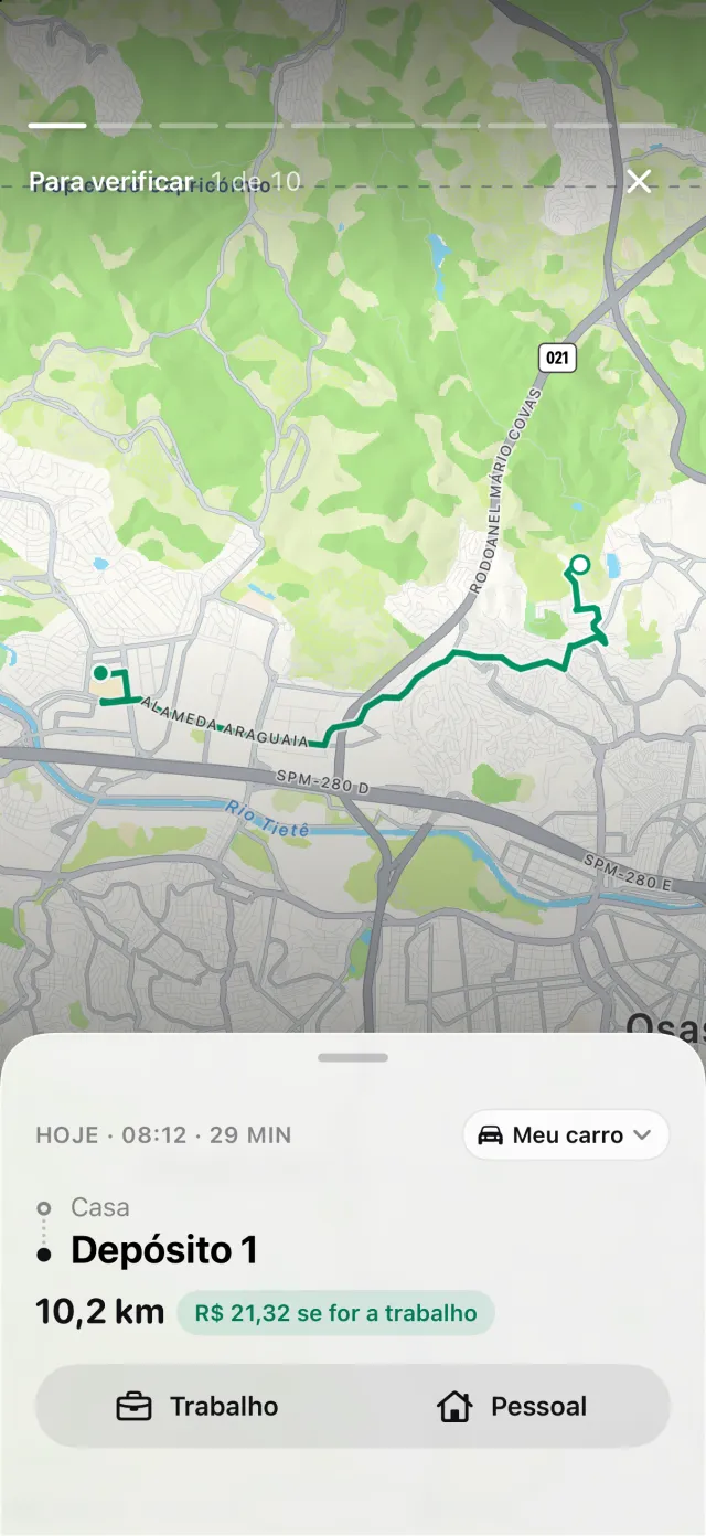 O story Para verificar: uma viagem com o trajeto, a distância e quanto vale se for a trabalho