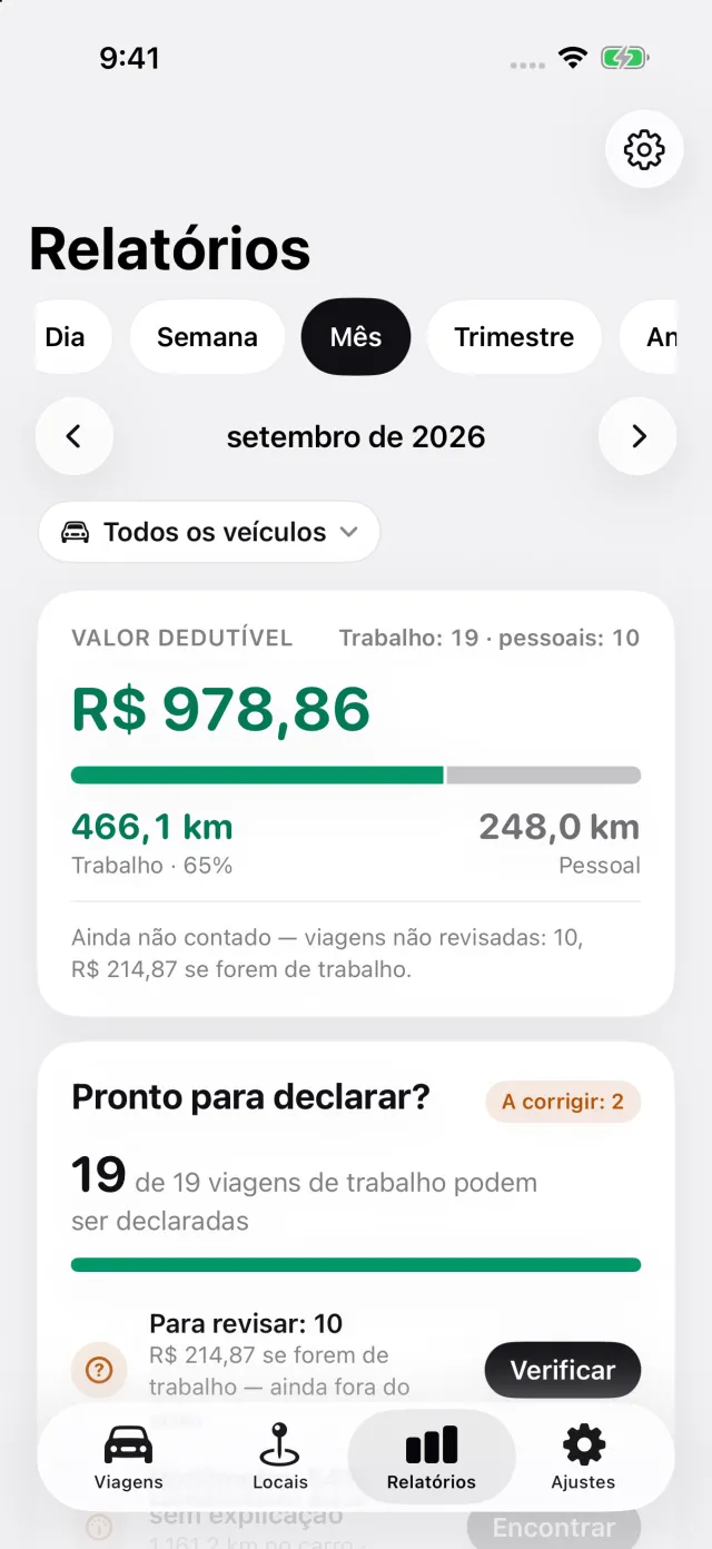 Tela Relatórios: valor dedutível do mês, divisão entre trabalho e pessoal, exportação