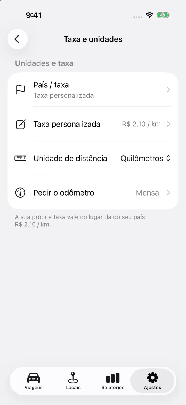 A tela de taxa no DriveHub: o valor do país com a regra por trás dele