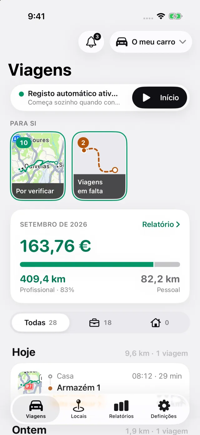 Ecrã Viagens do DriveHub: registo automático ativo, as histórias Para si e o valor dedutível do mês